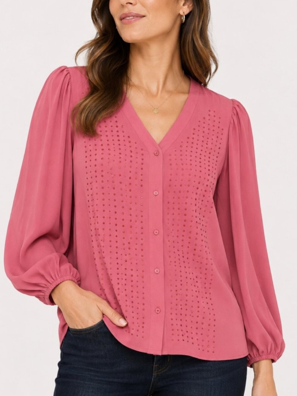 Dennis Basso Blouse Button Front Georgette Rhinestone Dusty Rose XS NEW